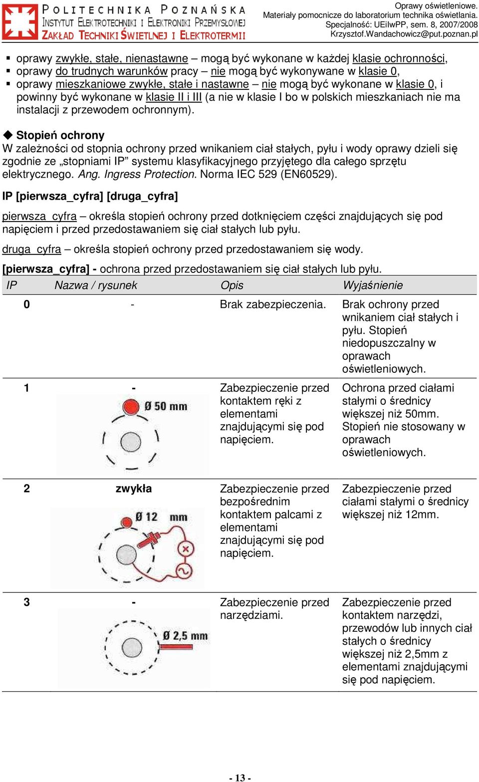 Stopień ochrony W zaleŝności od stopnia ochrony przed wnikaniem ciał stałych, pyłu i wody oprawy dzieli się zgodnie ze stopniami IP systemu klasyfikacyjnego przyjętego dla całego sprzętu