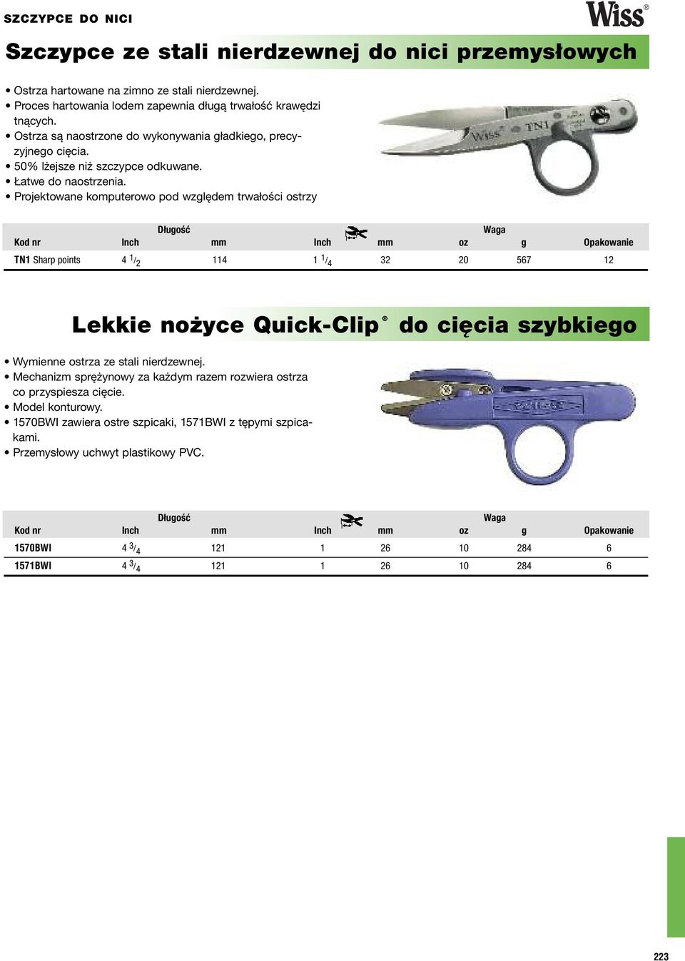 Projektowane komputerowo pod względem trwałości ostrzy Kod nr Inch mm Inch mm oz g Opakowanie TN1 Sharp points 4 1 / 2 114 1 1 / 4 32 20 567 12 Lekkie nożyce Quick-Clip do cięcia szybkiego Wymienne