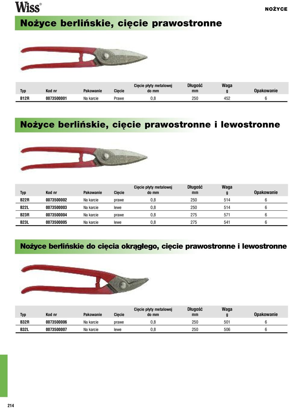 0073500003 Na karcie lewe 0,8 250 514 6 B23R 0073500004 Na karcie prawe 0,8 275 571 6 B23L 0073500005 Na karcie lewe 0,8 275 541 6 Nożyce berlińskie do cięcia okrągłego, cięcie