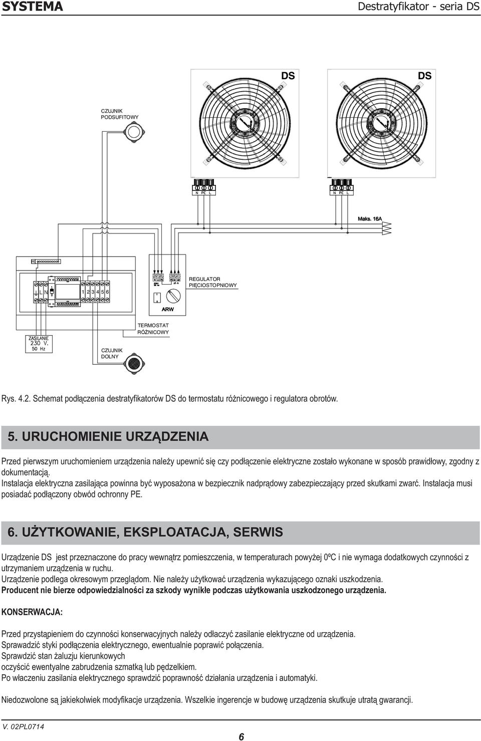 Instalacja elektryczna zasilająca powinna być wyposażona w bezpiecznik nadprądowy zabezpieczający przed skutkami zwarć. Instalacja musi posiadać podłączony obwód ochronny PE. 6.