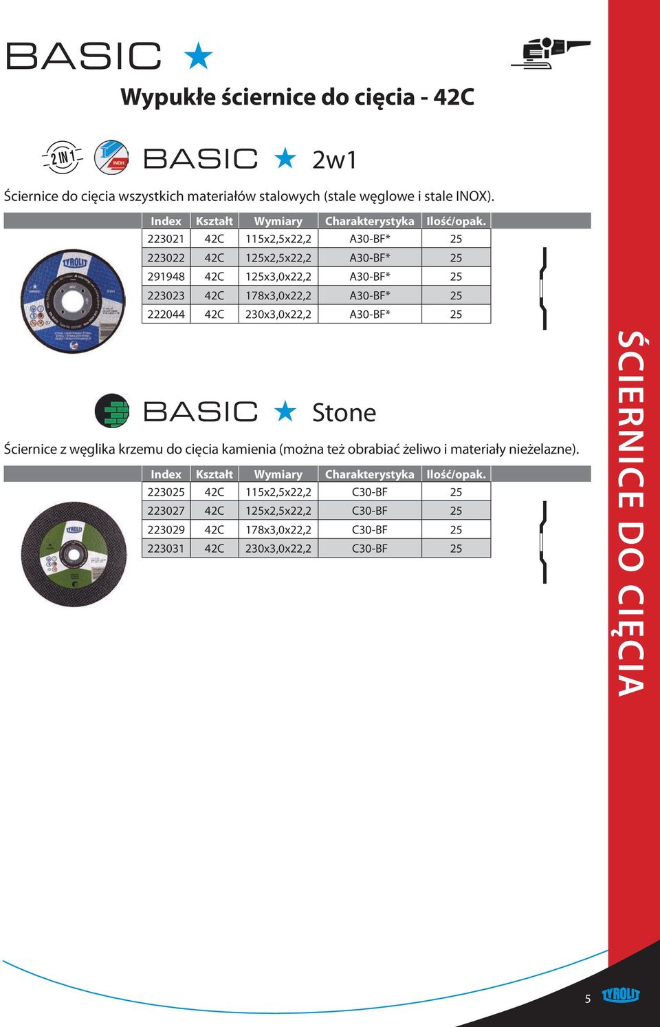 222044 42C 230x3,0x22,2 A30-BF* 25 BASIC Stone Ściernice z węglika krzemu do cięcia kamienia (można też obrabiać żeliwo i materiały nieżelazne).