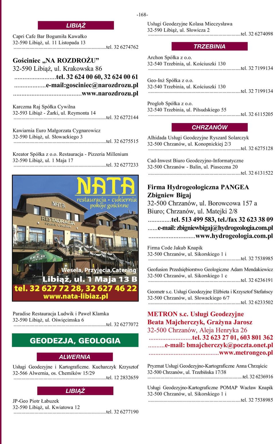 Słowackiego 3...tel. 32 6275515 Kreator Spółka z o.o. Restauracja - Pizzeria Millenium 32-590 Libiąż, ul. 1 Maja 17...tel. 32 6277233-168- Usługi Geodezyjne Kolasa Mieczysława 32-590 Libiąż, ul.
