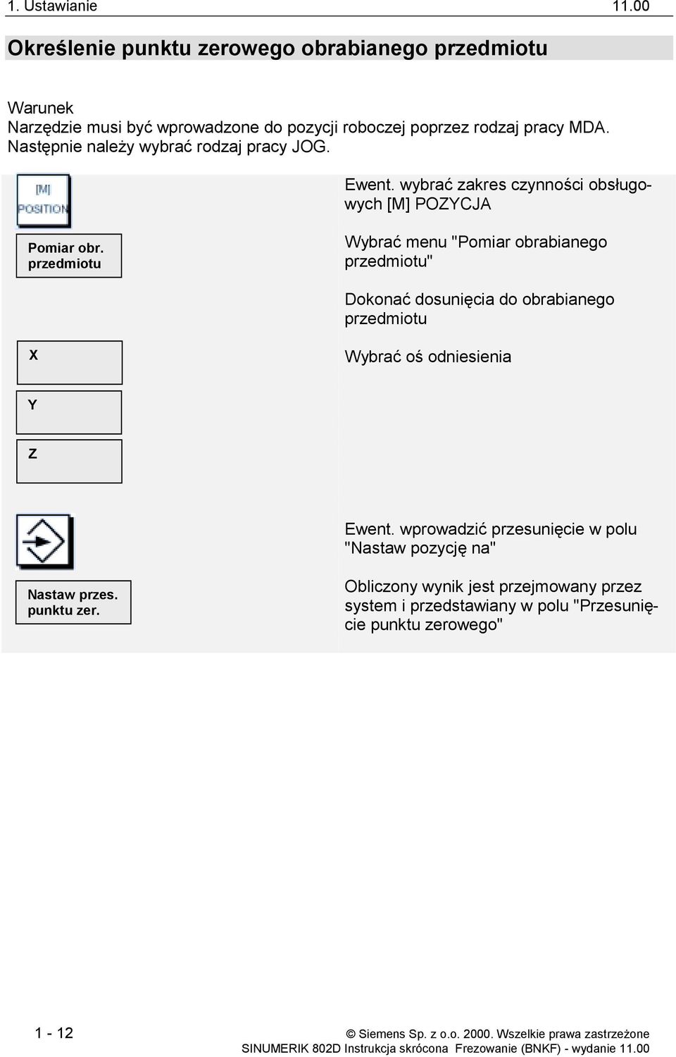 przedmiotu Wybrać menu "Pomiar obrabianego przedmiotu" Dokonać dosunięcia do obrabianego przedmiotu X Wybrać oś odniesienia Y Z Ewent.