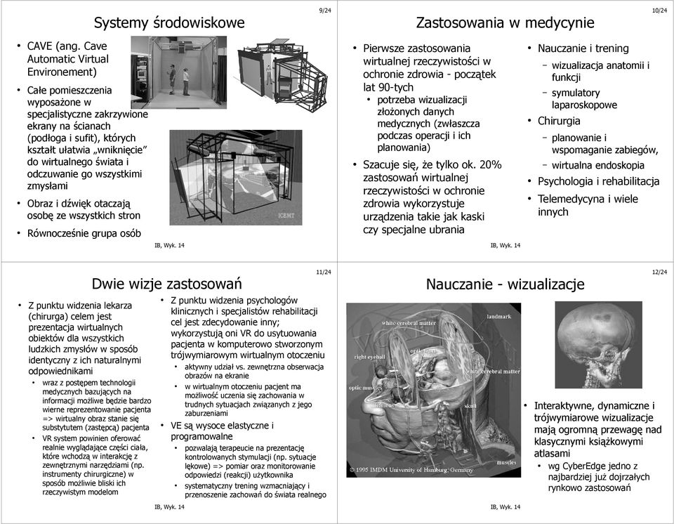odczuwanie go wszystkimi zmysłami Obraz i dźwięk otaczają osobę ze wszystkich stron Pierwsze zastosowania wirtualnej rzeczywistości w ochronie zdrowia - początek lat 90-tych potrzeba wizualizacji