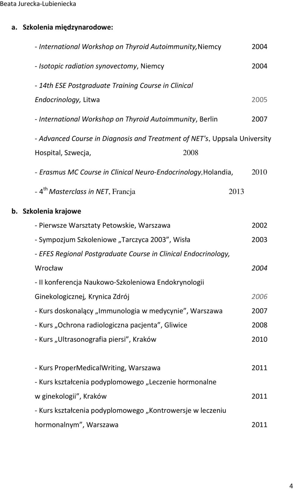 Course in Clinical Neuro-Endocrinology,Holandia, 2010-4 th Masterclass in NET, Francja 2013 b.