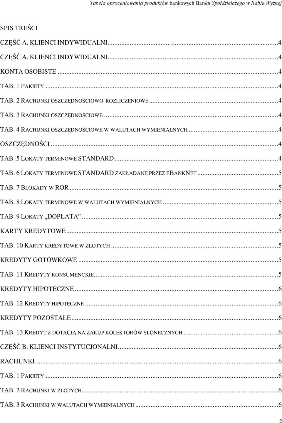 7 BLOKADY W ROR... 5 TAB. 8 LOKATY TERMINOWE W WALUTACH WYMIENIALNYCH... 5 TAB. 9 LOKATY DOPŁATA... 5 KARTY KREDYTOWE... 5 TAB. 10 KARTY KREDYTOWE W ZŁOTYCH... 5 KREDYTY GOTÓWKOWE... 5 TAB. 11 KREDYTY KONSUMENCKIE.