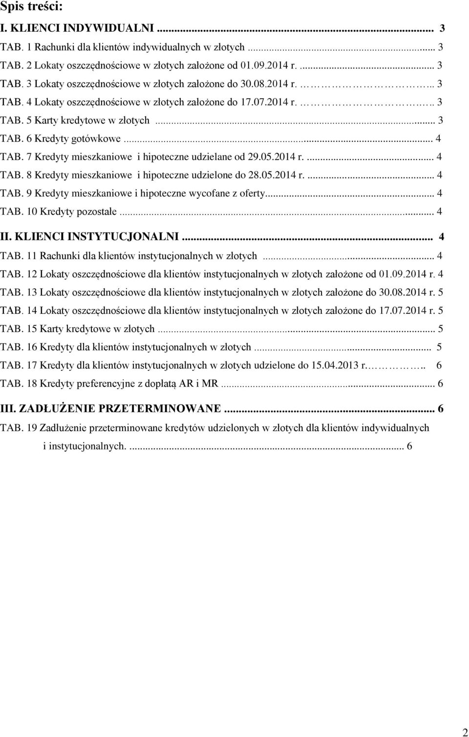 7 Kredyty mieszkaniowe i hipoteczne udzielane od 29.05.2014 r.... 4 TAB. 8 Kredyty mieszkaniowe i hipoteczne udzielone do 28.05.2014 r.... 4 TAB. 9 Kredyty mieszkaniowe i hipoteczne wycofane z oferty.