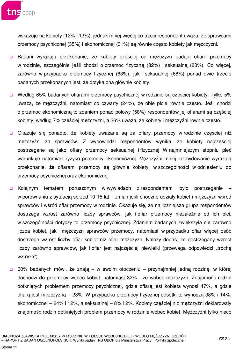 Co więcej, zarówno w przypadku przemocy fizycznej (63%), jak i seksualnej (68%) ponad dwie trzecie badanych przekonanych jest, że dotyka ona głównie kobiety.