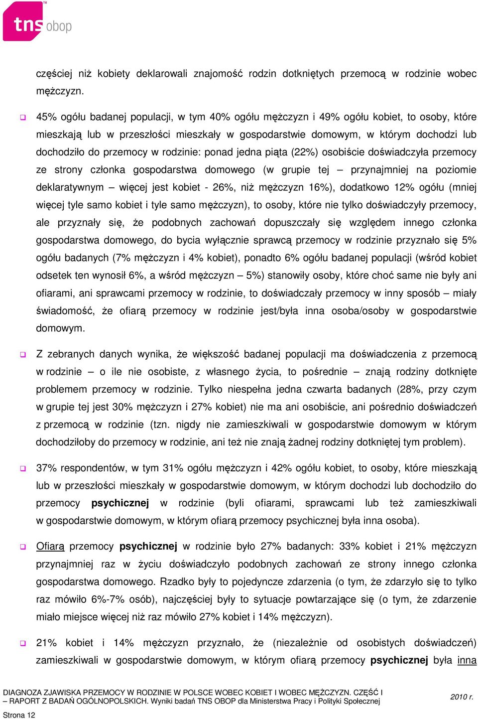 rodzinie: ponad jedna piąta (22%) osobiście doświadczyła przemocy ze strony członka gospodarstwa domowego (w grupie tej przynajmniej na poziomie deklaratywnym więcej jest kobiet - 26%, niż mężczyzn
