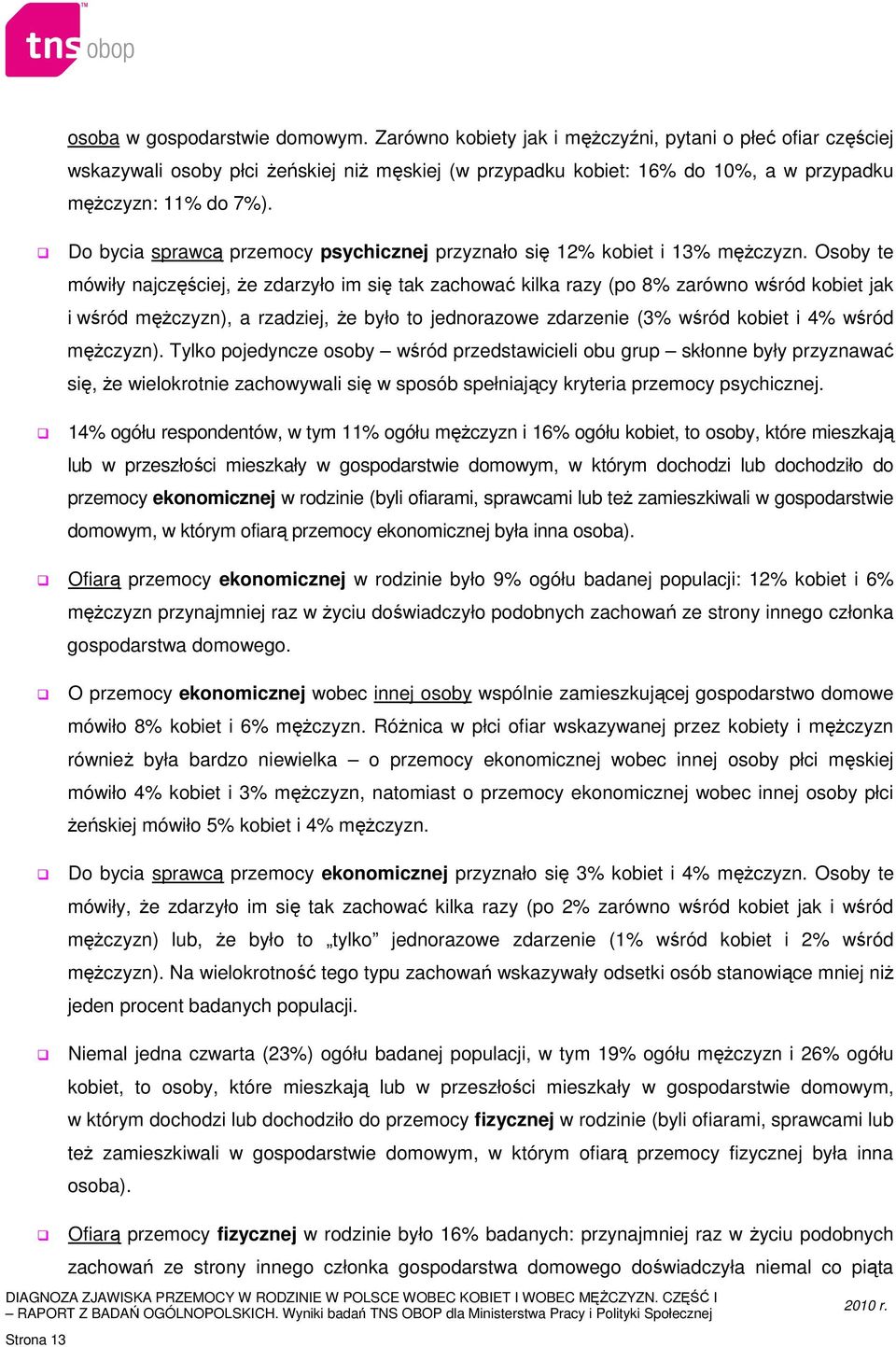 Do bycia sprawcą przemocy psychicznej przyznało się 12% kobiet i 13% mężczyzn.