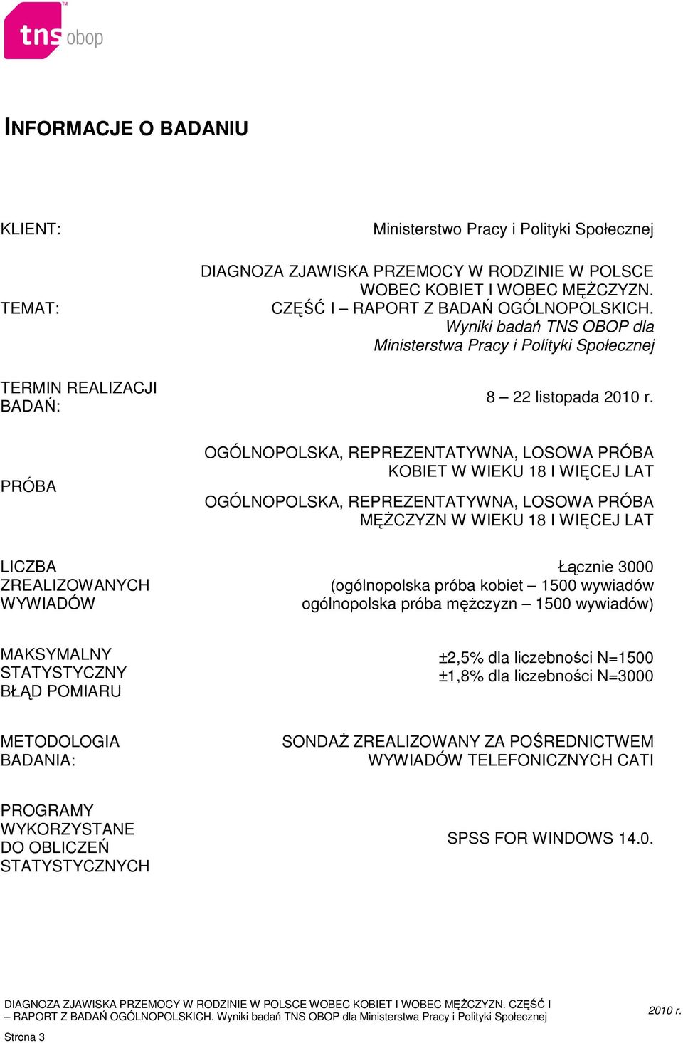 Wyniki badań TNS OBOP dla Ministerstwa Pracy i Polityki Społecznej 8 22 listopada PRÓBA LICZBA ZREALIZOWANYCH WYWIADÓW OGÓLNOPOLSKA, REPREZENTATYWNA, LOSOWA PRÓBA KOBIET W WIEKU 18 I WIĘCEJ LAT