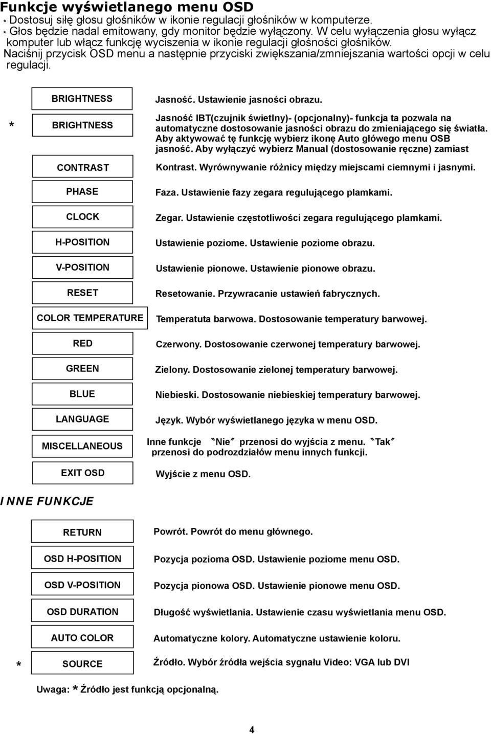 Naciśnij przycisk OSD menu a następnie przyciski zwiększania/zmniejszania wartości opcji w celu regulacji.