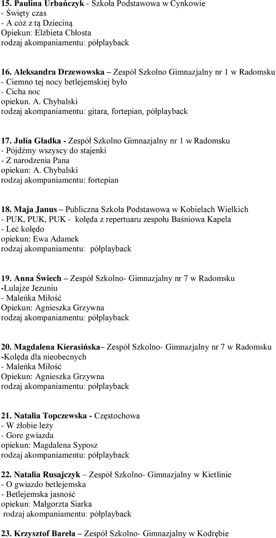 Julia Gładka - Zespół Szkolno Gimnazjalny nr 1 w Radomsku - Pójdźmy wszyscy do stajenki - Z narodzenia Pana opiekun: A. Chybalski rodzaj akompaniamentu: fortepian 18.