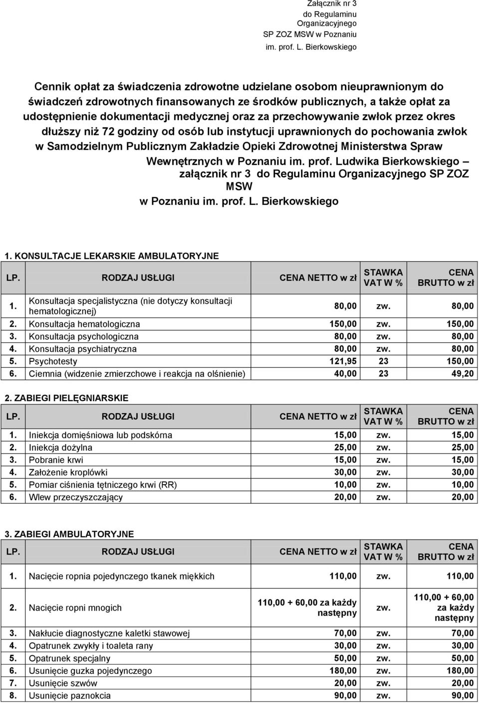 medycznej oraz za przechowywanie zwłok przez okres dłuższy niż 72 godziny od osób lub instytucji uprawnionych do pochowania zwłok w Samodzielnym Publicznym Zakładzie Opieki Zdrowotnej Ministerstwa