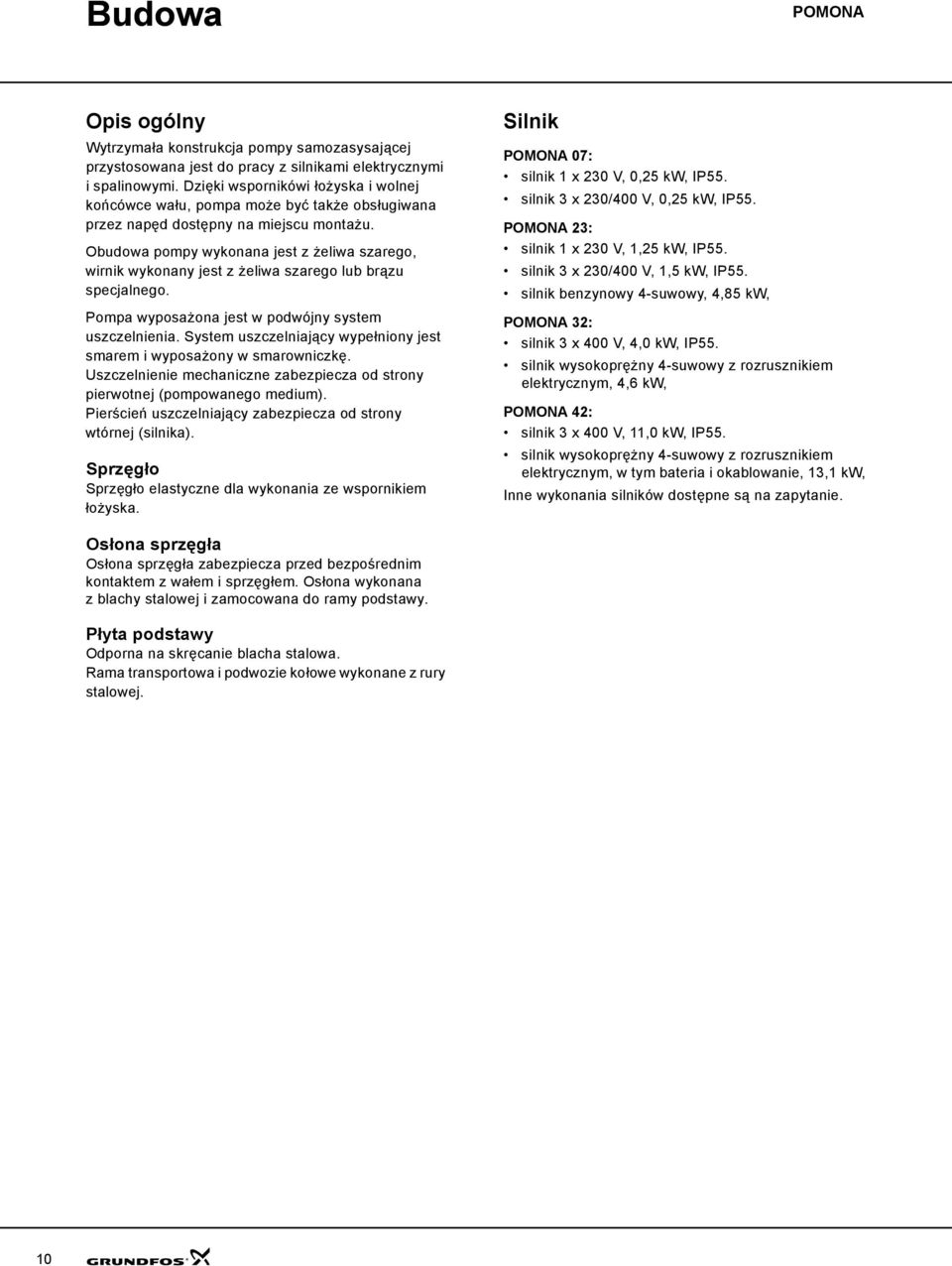 Obudowa pompy wykonana jest z żeliwa szarego, wirnik wykonany jest z żeliwa szarego lub brązu specjalnego. Pompa wyposażona jest w podwójny system uszczelnienia.
