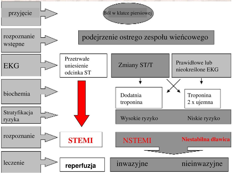 EKG biochemia Dodatnia troponina Troponina 2 x ujemna Stratyfikacja ryzyka Wysokie ryzyko