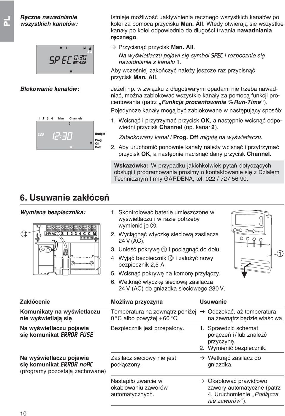 Na wyњwietlaczu pojawi siк symbol SPEC i rozpocznie siк nawadnianie z kanaіu 1. Aby wczeњniej zakoсczyж naleїy jeszcze raz przycisn ж przycisk Man. All. Blokowanie kanaіуw: Jeїeli np.
