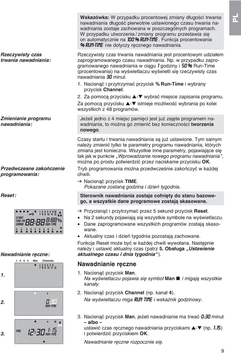 PL Rzeczywisty czas trwania nawadniania: Zmienianie programu nawadniania: Przedwczesne zakoсczenie programowania: Reset: Nawadnianie rкczne: 1. 2.