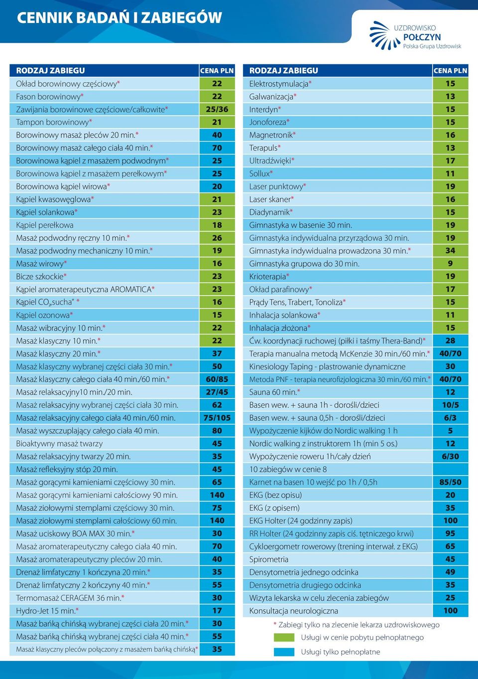 * 70 Borowinowa kąpiel z masażem podwodnym* 25 Borowinowa kąpiel z masażem perełkowym* 25 Borowinowa kąpiel wirowa* 20 Kąpiel kwasowęglowa* 21 Kąpiel solankowa* 23 Kąpiel perełkowa 18 Masaż podwodny