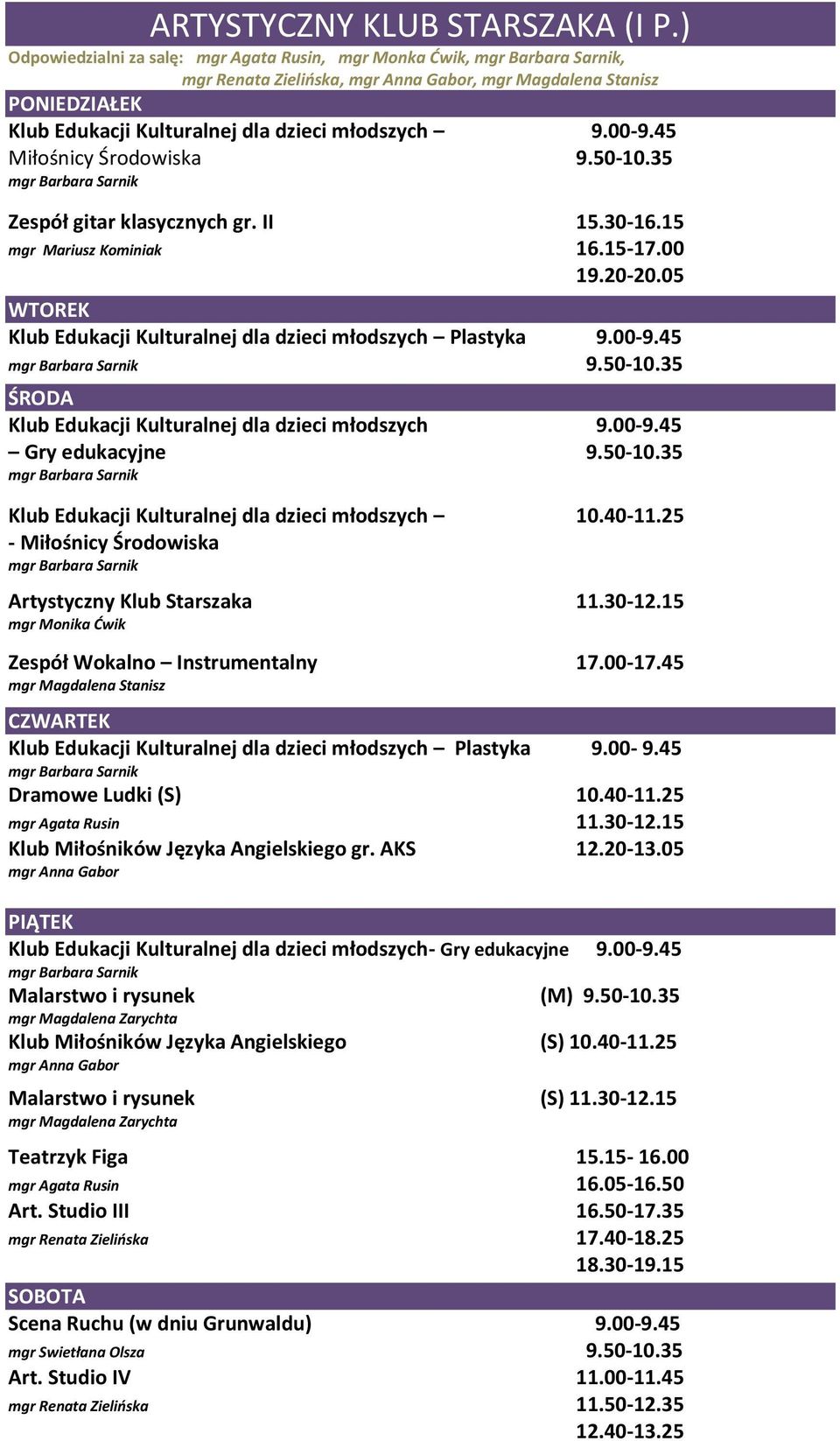 50-10.35 Zespół gitar klasycznych gr. II 15.30-16.15 mgr Mariusz Kominiak 16.15-17.00 19.20-20.05 Klub Edukacji Kulturalnej dla dzieci młodszych Plastyka 9.00-9.45 9.50-10.35 Klub Edukacji Kulturalnej dla dzieci młodszych 9.