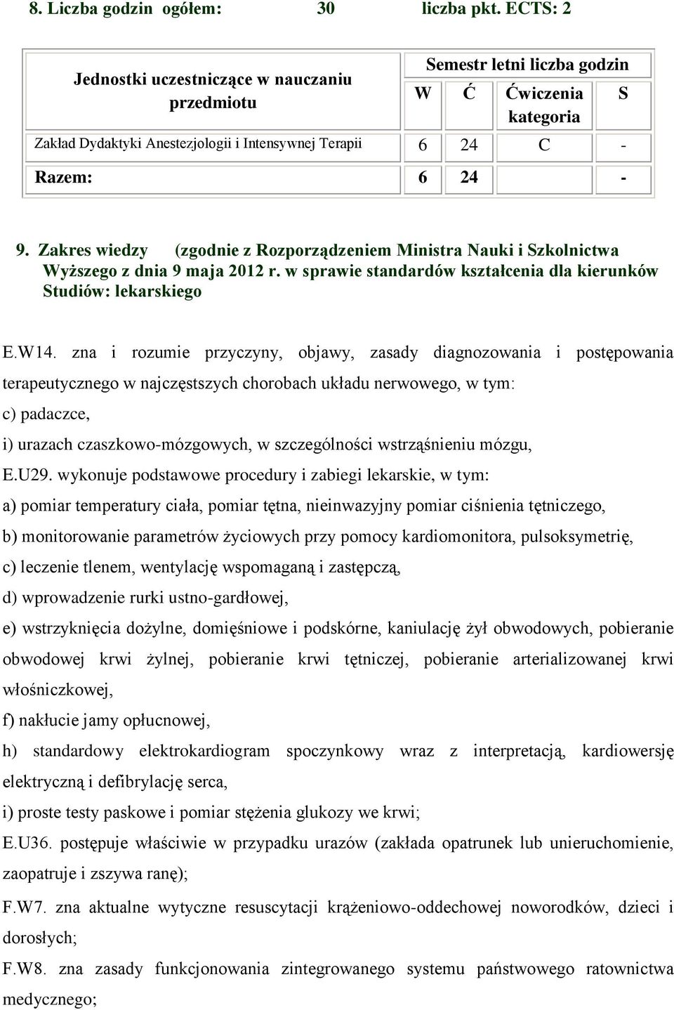 Zakres wiedzy (zgodnie z Rozporządzeniem Ministra Nauki i Szkolnictwa Wyższego z dnia 9 maja 2012 r. w sprawie standardów kształcenia dla kierunków Studiów: lekarskiego E.W14.