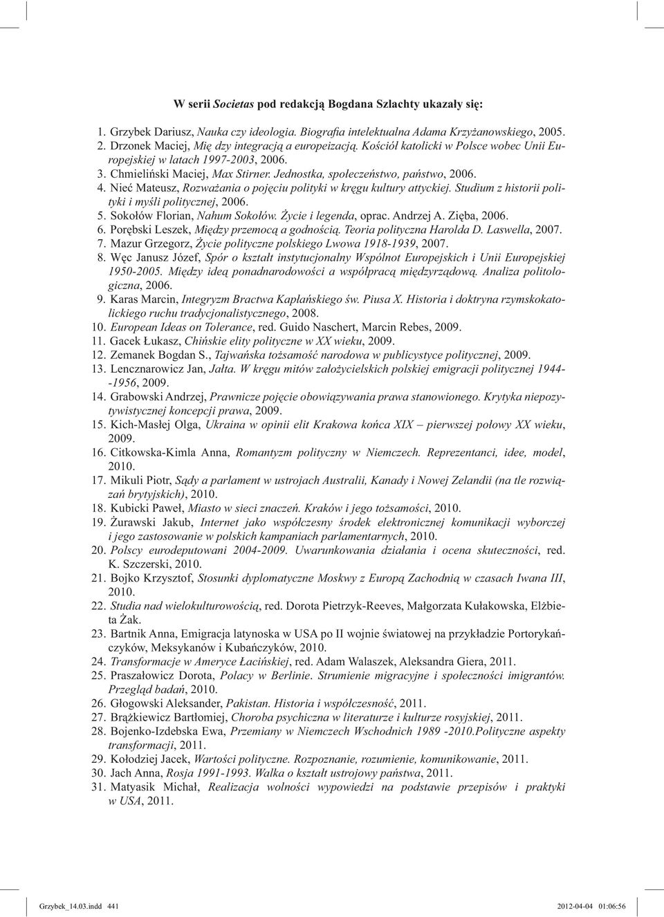 Jednostka, społeczeństwo, państwo, 2006. 4. Nieć Mateusz, Rozważania o pojęciu polityki w kręgu kultury attyckiej. Studium z historii polityki i myśli politycznej, 2006. 5.