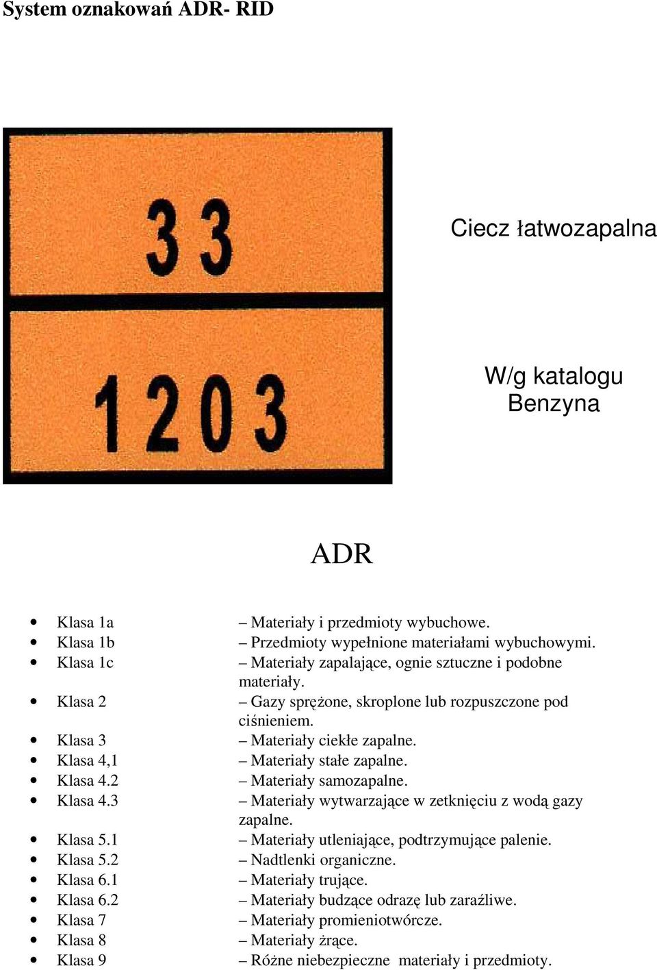 Klasa 4,1 Materiały stałe zapalne. Klasa 4.2 Materiały samozapalne. Klasa 4.3 Materiały wytwarzające w zetknięciu z wodą gazy zapalne. Klasa 5.