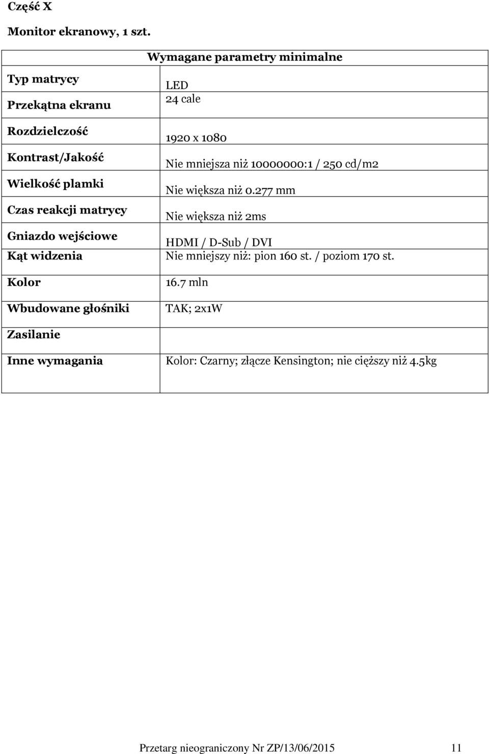 widzenia Kolor Wbudowane głośniki LED 24 cale 1920 x 1080 Nie mniejsza niż 10000000:1 / 250 cd/m2 Nie większa niż 0.