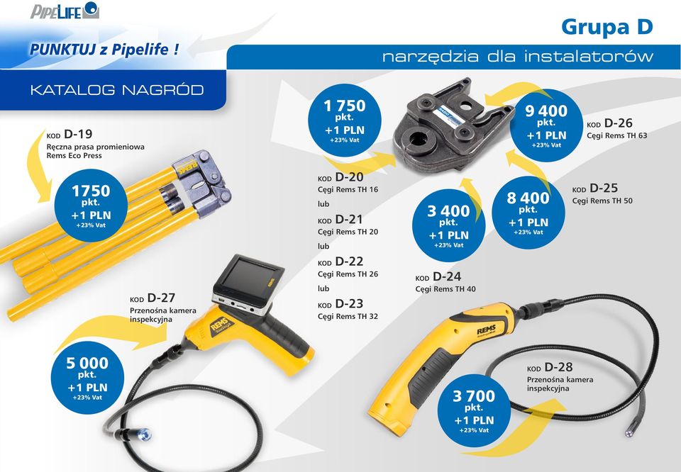 400 KOD D-25 Cęgi Rems TH 50 KOD D-27 Przenośna kamera inspekcyjna KOD D-22 Cęgi Rems TH 26 lub