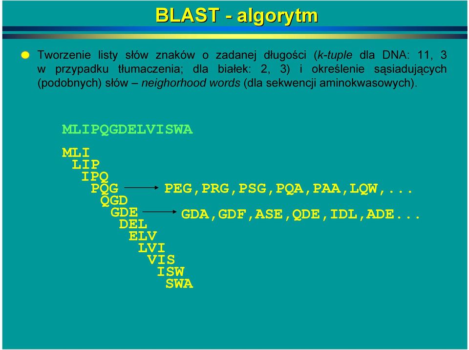 słów neighorhood words (dla sekwencji aminokwasowych).