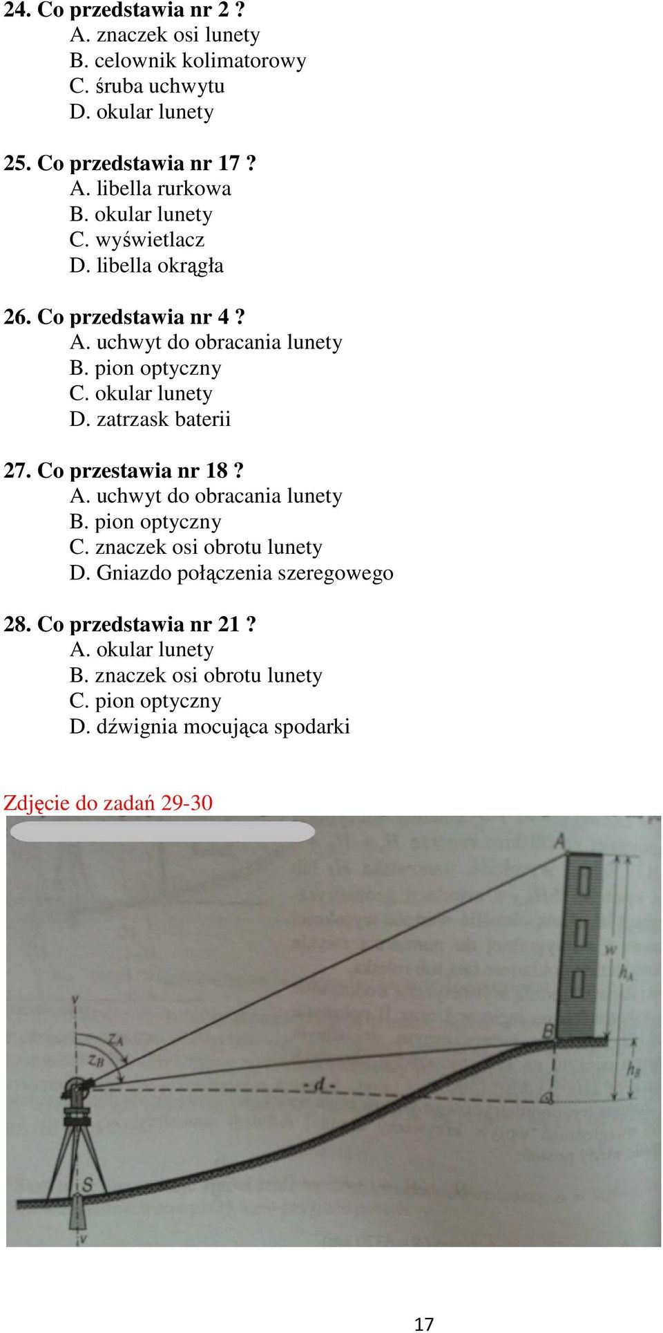 zatrzask baterii 27. Co przestawia nr 18? A. uchwyt do obracania lunety B. pion optyczny C. znaczek osi obrotu lunety D.