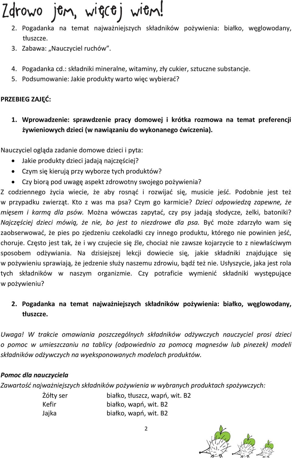 Wprowadzenie: sprawdzenie pracy domowej i krótka rozmowa na temat preferencji żywieniowych dzieci (w nawiązaniu do wykonanego ćwiczenia).