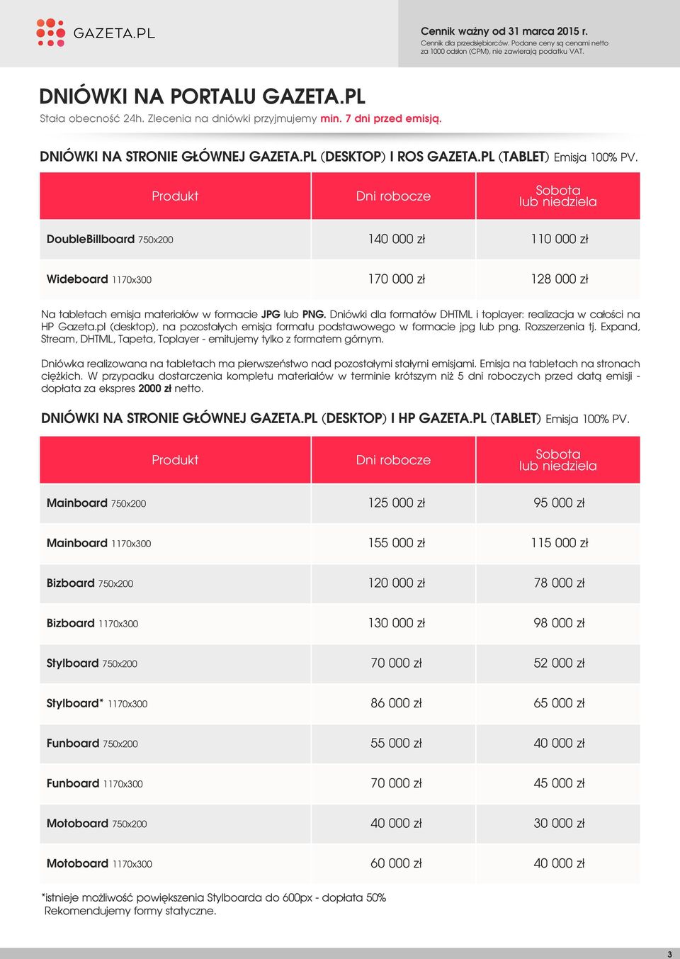 Dniówki dla formatów DHTML i toplayer: realizacja w całości na HP Gazeta.pl (desktop), na pozostałych emisja formatu podstawowego w formacie jpg lub png. Rozszerzenia tj.