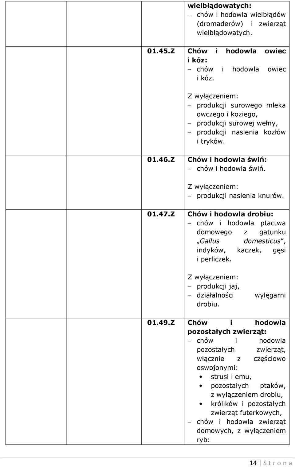 Z Chów i hodowla drobiu: chów i hodowla ptactwa domowego z gatunku Gallus domesticus, indyków, kaczek, gęsi i perliczek. produkcji jaj, działalności drobiu. wylęgarni 01.49.