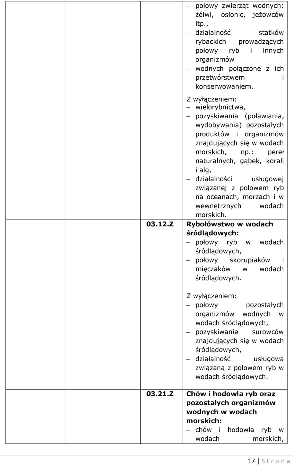 : pereł naturalnych, gąbek, korali i alg, działalności usługowej związanej z połowem ryb na oceanach, morzach i w wewnętrznych wodach morskich. 03.12.