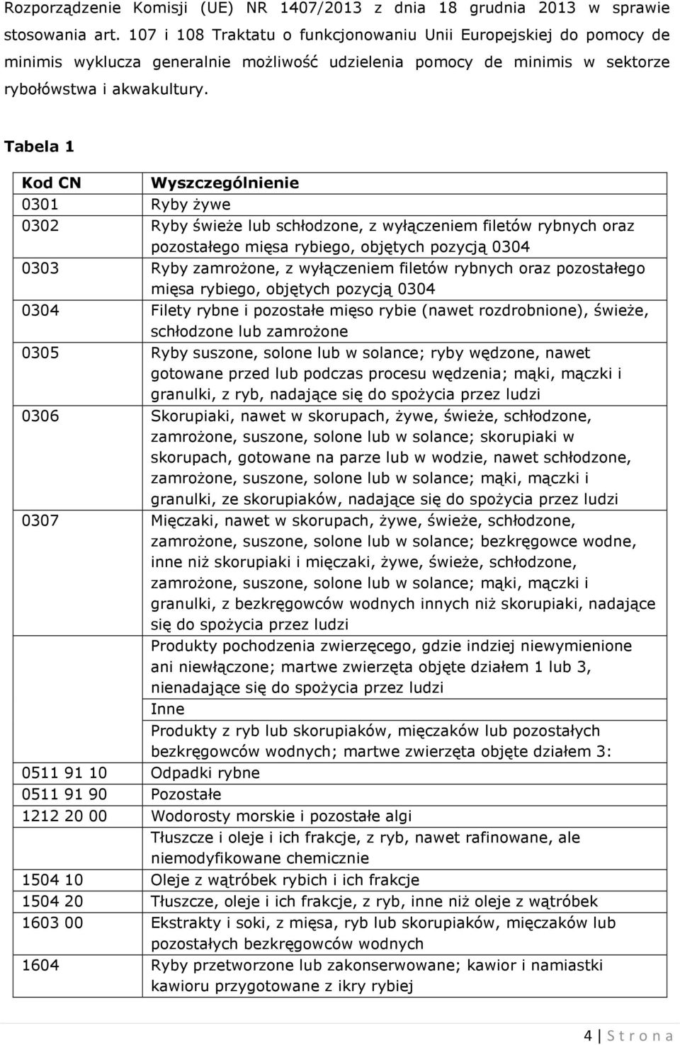 Tabela 1 Kod CN Wyszczególnienie 0301 Ryby żywe 0302 Ryby świeże lub schłodzone, z wyłączeniem filetów rybnych oraz pozostałego mięsa rybiego, objętych pozycją 0304 0303 Ryby zamrożone, z wyłączeniem