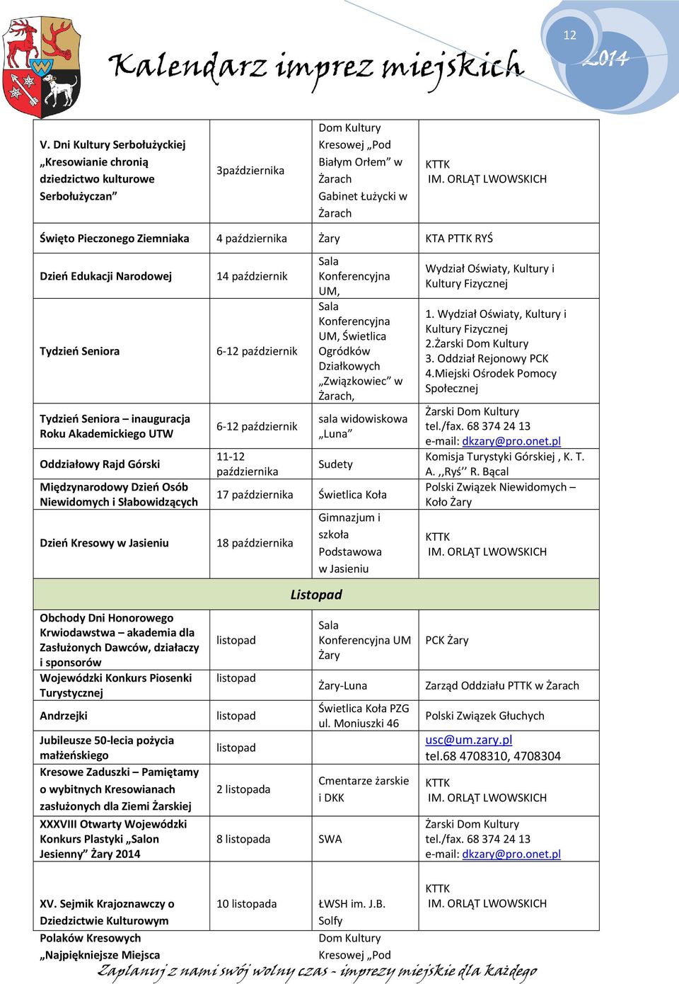 Dzień Kresowy w Jasieniu Obchody Dni Honorowego Krwiodawstwa akademia dla Zasłużonych Dawców, działaczy i sponsorów Wojewódzki Konkurs Piosenki Turystycznej Andrzejki Jubileusze 50 lecia pożycia