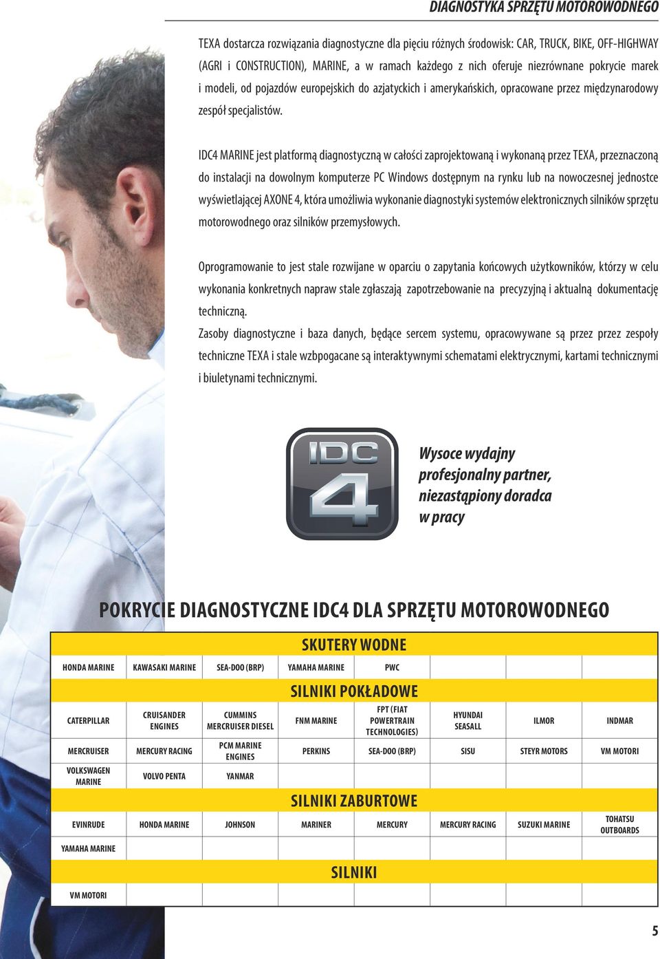 IDC4 MARINE jest platformą diagnostyczną w całości zaprojektowaną i wykonaną przez TEXA, przeznaczoną do instalacji na dowolnym komputerze PC Windows dostępnym na rynku lub na nowoczesnej jednostce