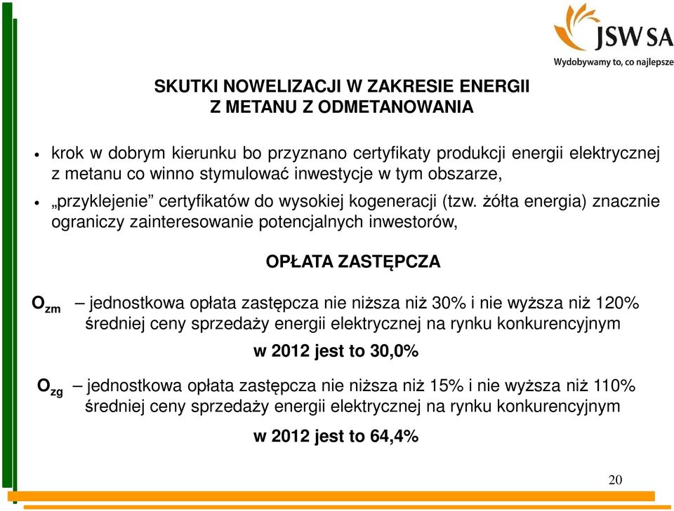 żółta energia) znacznie ograniczy zainteresowanie potencjalnych inwestorów, OPŁATA ZASTĘPCZA O zm jednostkowa opłata zastępcza nie niższa niż 30% i nie wyższa niż 120%