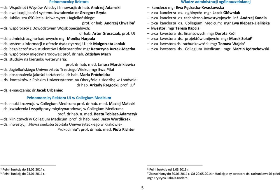 administracyjno-kadrowych: mgr Monika Harpula ds. systemu informacji o ofercie dydaktycznej UJ: dr Małgorzata Janiak ds. bezpieczeństwa studentów i doktorantów: mgr Katarzyna Jurzak-Mączka ds.