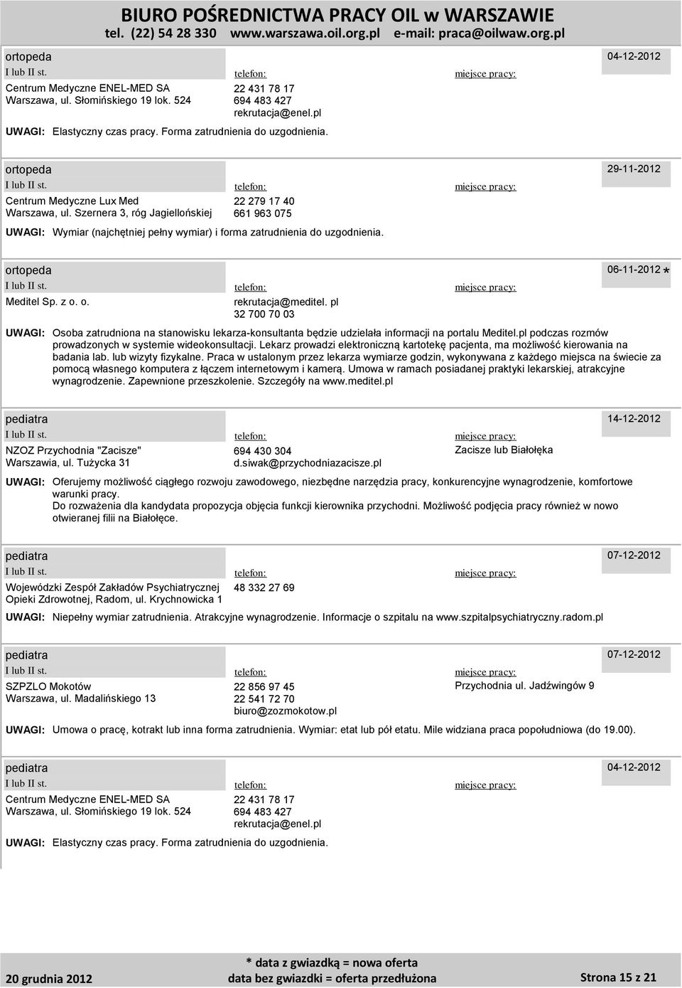Do rozważenia dla kandydata propozycja objęcia funkcji kierownika przychodni. Możliwość podjęcia pracy również w nowo otwieranej filii na Białołęce.