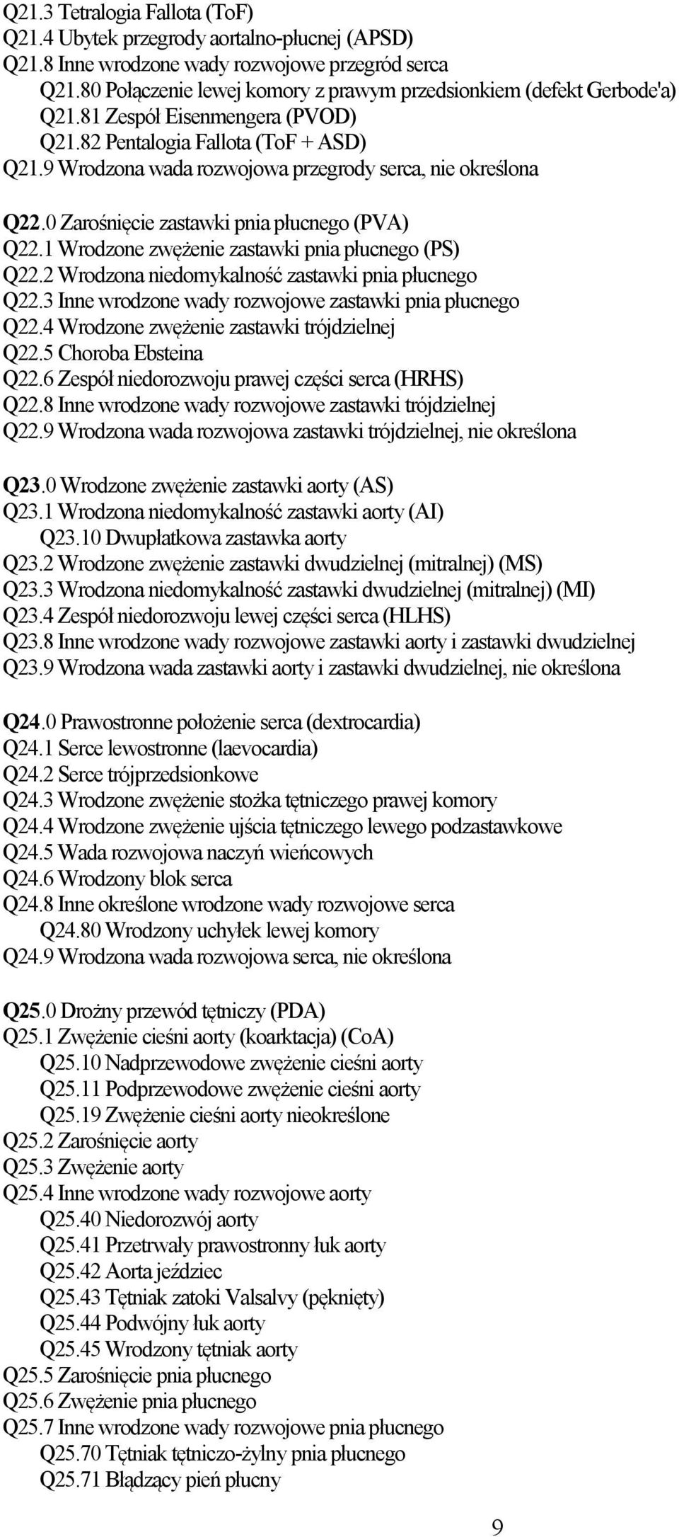 9 Wrodzona wada rozwojowa przegrody serca, nie określona Q22.0 Zarośnięcie zastawki pnia płucnego (PVA) Q22.1 Wrodzone zwężenie zastawki pnia płucnego (PS) Q22.