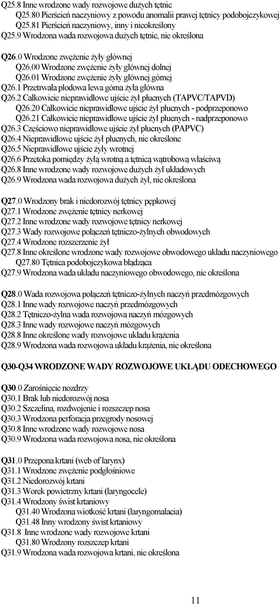 1 Przetrwała płodowa lewa górna żyła główna Q26.2 Całkowicie nieprawidłowe ujście żył płucnych (TAPVC/TAPVD) Q26.20 Całkowicie nieprawidłowe ujście żył płucnych - podprzeponowo Q26.