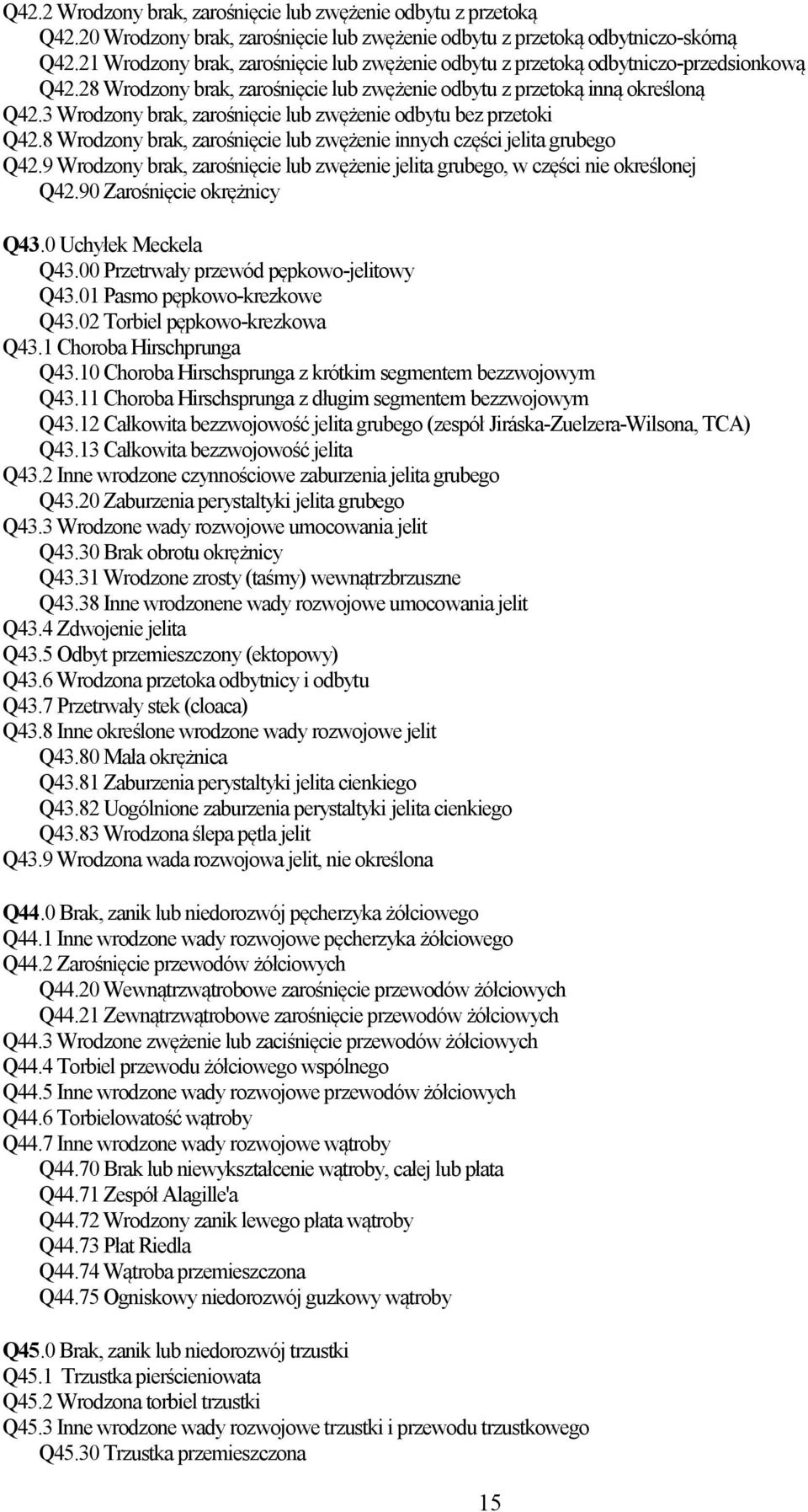 3 Wrodzony brak, zarośnięcie lub zwężenie odbytu bez przetoki Q42.8 Wrodzony brak, zarośnięcie lub zwężenie innych części jelita grubego Q42.