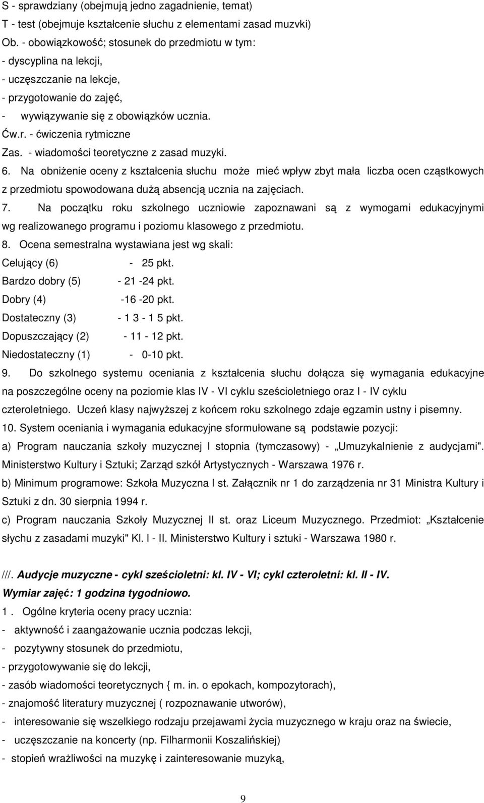 - wiadomości teoretyczne z zasad muzyki. 6. Na obniżenie oceny z kształcenia słuchu może mieć wpływ zbyt mała liczba ocen cząstkowych z przedmiotu spowodowana dużą absencją ucznia na zajęciach. 7.