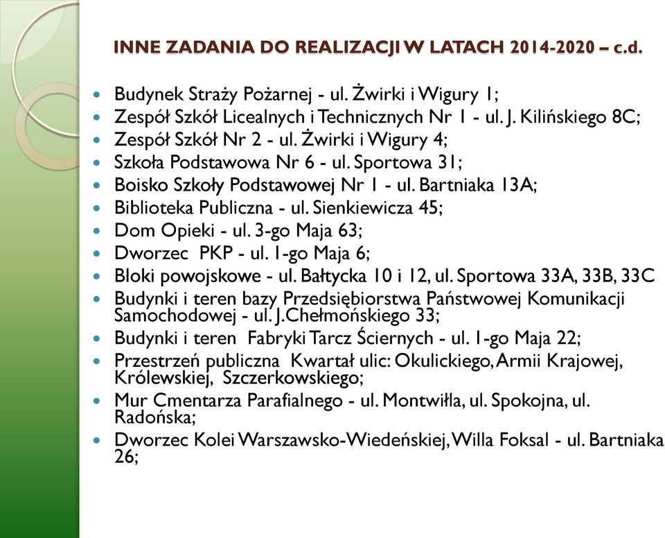 3-go Maja 63; Dworzec PKP - ul. 1-go Maja 6; Bloki powojskowe - ul. Bałtycka 10 i 12, ul. Sportowa 33A, 33B, 33C Budynki i teren bazy Przedsiębiorstwa Państwowej Komunikacji Samochodowej - ul. J.