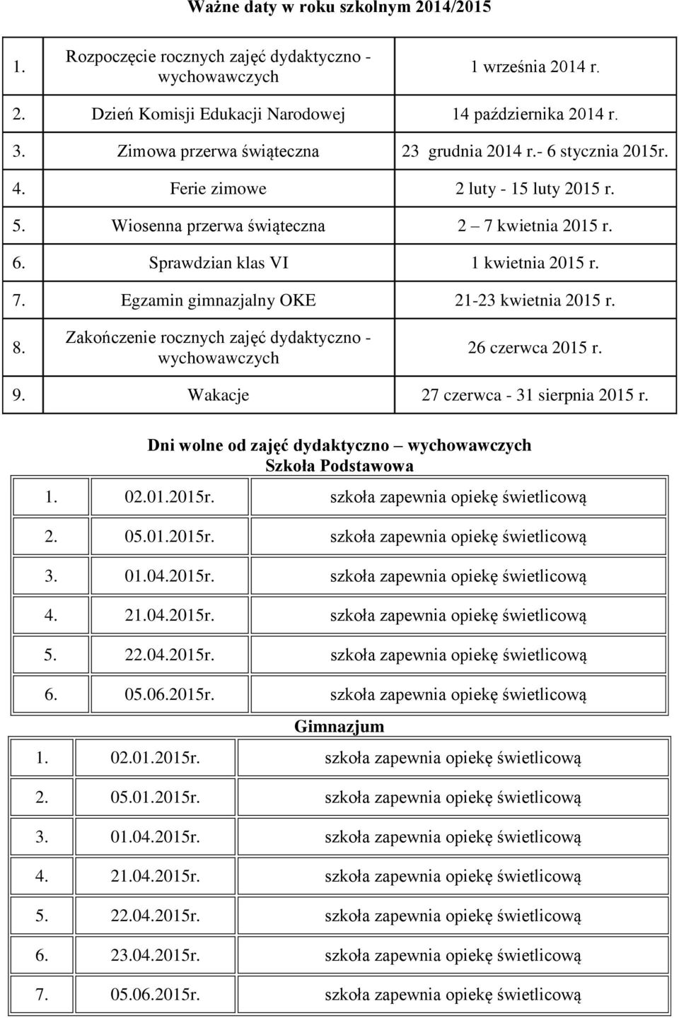 8. Zakończenie rocznych zajęć dydaktyczno - wychowawczych 26 czerwca 2015 r. 9. Wakacje 27 czerwca - 31 sierpnia 2015 r. Dni wolne od zajęć dydaktyczno wychowawczych Szkoła Podstawowa 1. 02.01.2015r.