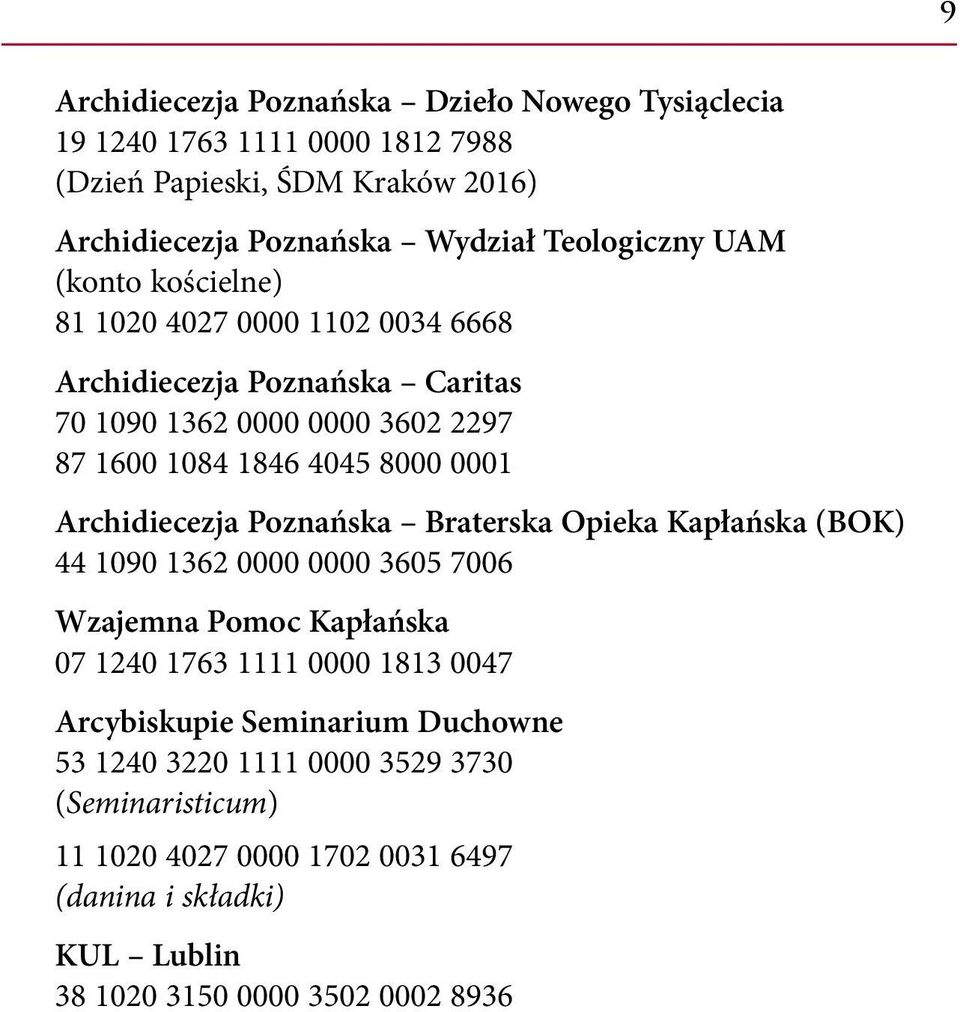 0001 Archidiecezja Poznańska Braterska Opieka Kapłańska (BOK) 44 1090 1362 0000 0000 3605 7006 Wzajemna Pomoc Kapłańska 07 1240 1763 1111 0000 1813 0047