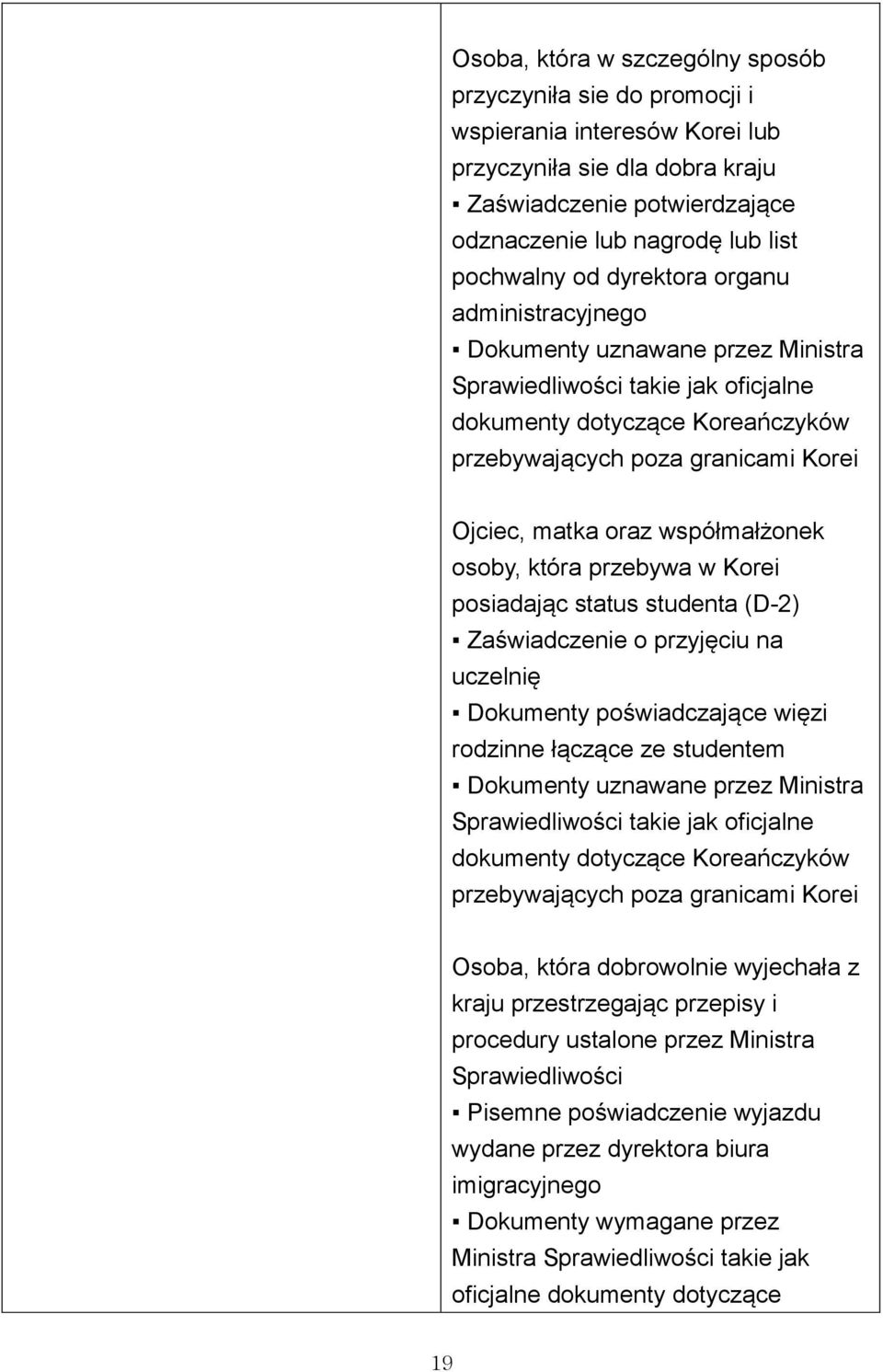 współmałżonek osoby, która przebywa w Korei posiadając status studenta (D-2) Zaświadczenie o przyjęciu na uczelnię Dokumenty poświadczające więzi rodzinne łączące ze studentem Dokumenty uznawane