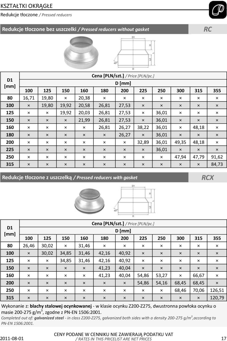91,62 315 84,73 Redukcje tłoczone z uszczelką / Pressed reducers with gasket RCX D1 D 100 125 150 160 180 200 225 250 300 315 355 80 26,46 30,02 31,46 100 30,02 34,85 31,46 42,16 40,92 125 34,85